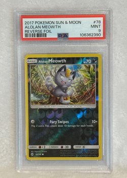 2017 POKEMON SUN & MOON #78 ALOLAN MEOWTH-REVERSE FOIL PSA 9 - Image 1