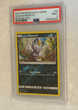 2017 POKEMON SUN & MOON #78 ALOLAN MEOWTH-REVERSE FOIL PSA 9 - Image 3