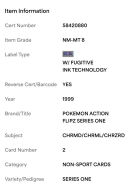 1999 Pokemon Action Flipz Series One Charizard Charmander Charmeleon #2 PSA 8 - Image 3