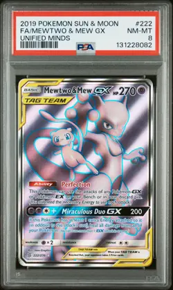 2019 POKEMON SUN & MOON UNIFIED MINDS #222 FULL ART/MEWTWO & MEW GX PSA 8 - Image 1