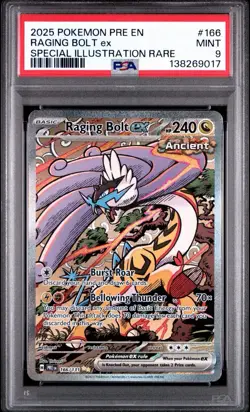 2025 Pokemon PRE En Raging Bolt Ex Special Illustration Rare #166 PSA 9 Mint - Image 1