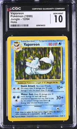 CGC 10 GEM MINT Vaporeon 1999 Jungle 12/64 Holo Pokemon Card - Image 1