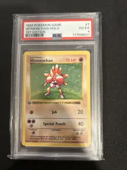 1999 Pokemon Base Set 1st Edition Shadowless 7 Hitmonchan Holo PSA 4 - Image 1