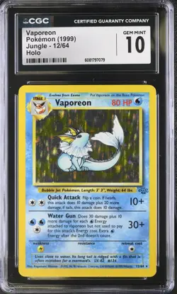 CGC 10 Pokemon English Vaporeon 12/64 1999 Jungle - Unlimited Rare Holo - Image 1