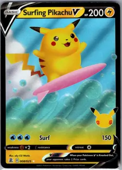 Surfing Pikachu V 008/025 Celebrations - Pokemon Card - NM - Image 1
