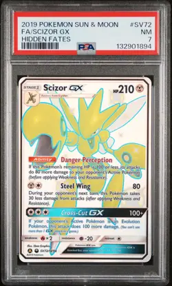 2019 POKEMON SUN & MOON HIDDEN FATES #SV72 FULL ART/SCIZOR GX PSA 7 - Image 1
