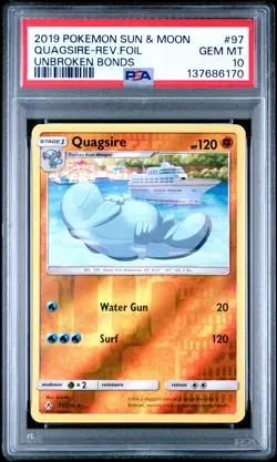 2019 POKEMON SUN & MOON UNBROKEN BONDS #97 QUAGSIRE-REVERSE FOIL PSA 10 - Image 1