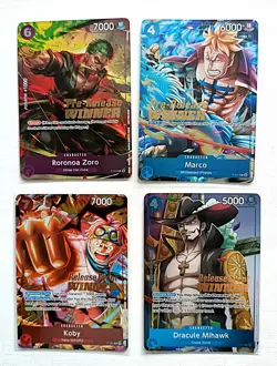 One Piece - Release Event, 4 Card Winner Bundle. Zoro, Marco, Koby, Dracule. - Image 1