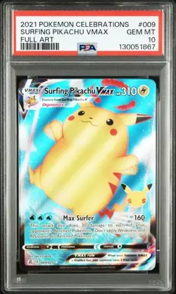 2021 POKEMON CELEBRATIONS #009 FULL ART/SURFING PIKACHU VMAX PSA 10 - Image 1