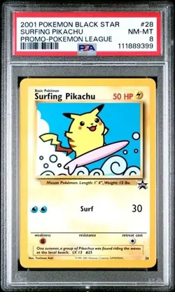 2001 POKEMON PROMO BLACK STAR POKEMON LEAGUE #28 SURFING PIKACHU PSA 8 - Image 1