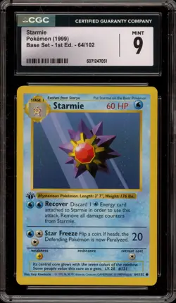 Pokemon Starmie Base Set Shadowless 1st Edition #64 CGC 9 Mint - Image 1