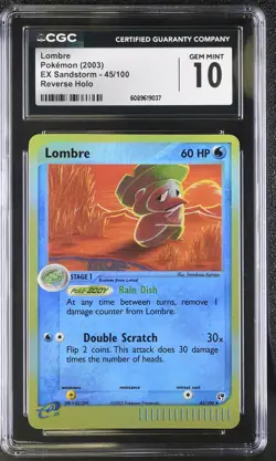 CGC 10 GEM MINT Lombre 2003 EX Sandstorm 45/100 Reverse Holo Pokemon Card - Image 1