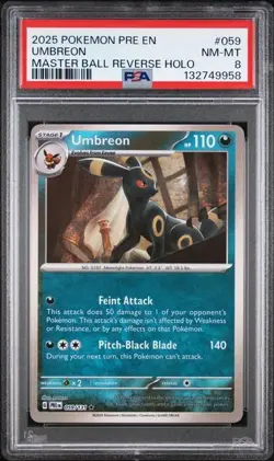 2025 POKEMON PRE EN-PRISMATIC EVOLUTIONS MASTER BALL REVERSE HOLO UMBREON PSA 8 - Image 1