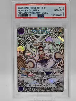2025 One Piece OP11 Japanese #119 Monkey D. Luffy 3rd Anni Gold GEM MT PSA 10! - Image 1