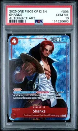 2025 One Piece OP12 EN Shanks PSA 10 GEM ALTERNATE ART FULL ART #008 RARE - Image 1