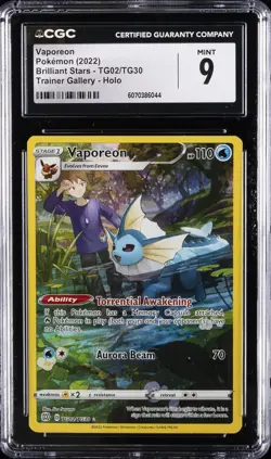 2022 POKEMON BRILLIANT STARS TRAINER GALLERY- HOLO #TG02/TG30 VAPOREON CGC 9 - Image 1