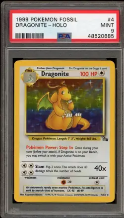 1999 Pokemon Dragonite Fossil Unlimited Holo #4 PSA 9 Mint - Image 1