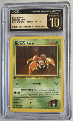 CGC Pristine 10 Erika's Paras 71/132 1st Edition Gym Challenge 2000 Pokemon - Image 1