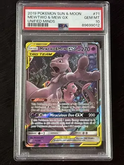 2019 Pokemon - SUN & MOON - UNIFIED MINDS #71 - MEWTWO & MEW GX - PSA 10 GEM MT - Image 1