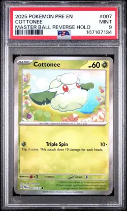Pokemon Prismatic Evolutions # 007 Cottonee Master Ball Reverse Holo PSA 9 Card! - Image 1