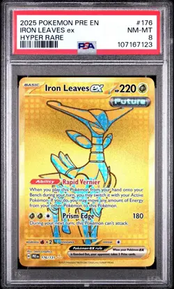 2025 Pokemon Prismatic Evolutions #176 Iron Leaves EX Hyper Rare PSA 8 Card NM-M - Image 1