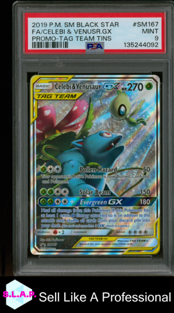 FA/CELEBI & VENUSR.GX PRM-TAG TEAM TINS POKEMON SM BLCK STR PRM 2019 SM167 PSA 9 - Image 1