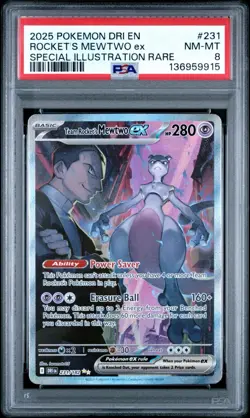 2025 POKEMON DRI EN #231 ROCKET'S MEWTWO EX SPECIAL ILLUSTRATION RARE PSA 8 - Image 1