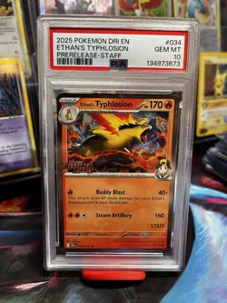 Ethan's Typhlosion STAFF Promo PSA 10 034/182 Destined Rivals Pokemon Card 964 - Image 1