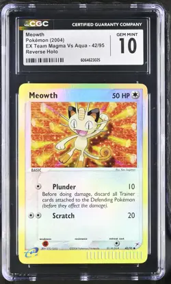 CGC 10 Meowth 2004 EX Team Magma Vs Aqua 42/95 Reverse Holo Pokemon Card - Image 1