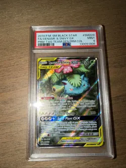 PSA 9 MINT Venusaur & Snivy GX SM229 Tag Team Black Star Promo 2019 Pokemon Card - Image 1