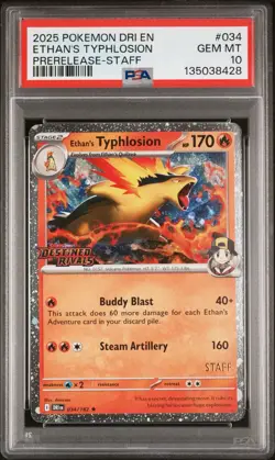 2025 POKEMON DRI EN-DESTINED RIVALS PRERELEASE-STAFF ETHAN'S TYPHLOSION PSA 10 - Image 1