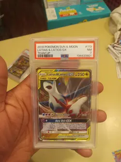 2019 POKEMON SUN & MOON TEAM UP #113 LATIAS & LATIOS GX TEAM UP PSA 7 - Image 1
