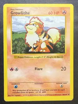 Pokemon TCG Growlithe 28/102 Base Set Shadowless Uncommon Vintage - Image 1