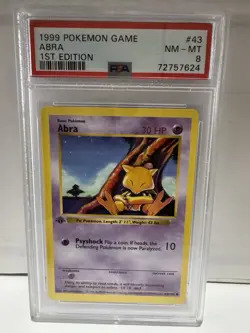 1999 Pokemon Abra 43/102 Base Set Shadowless 1st Edition PSA 8 - Image 1