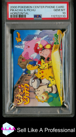 PIKACHU & PICHU HORIZONTAL POKEMON CENTER PHONE CARD 2000 PSA 10 - Image 1