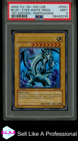 BLUE-EYES WHITE DRGN. 1ST EDITION PORTUGESE YU-GI-OH! LOB 2002 P001 PSA 9 - Image 1