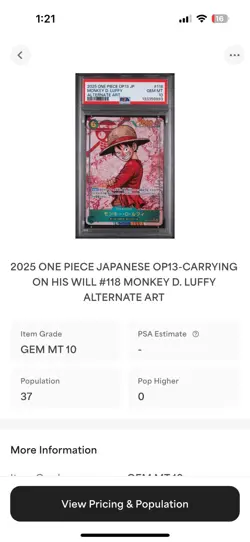 2025 One Piece Op-13 Japanese Monkey.D.Luffy Alt Art PSA 10 Low Pop (Pop 37)! - Image 2