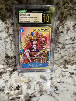 CGC Pristine 10 Monkey D. Luffy P-043 2nd Anniversary Tournament Promo One Piece - Image 1
