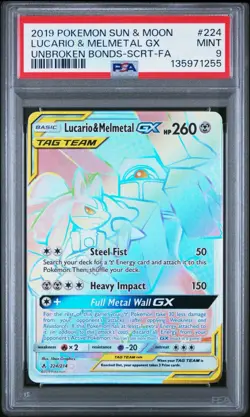 2019 Pokemon Lucario & Melmetal GX 224/214 Secret Rare Unbroken Bonds PSA 9 MINT - Image 1