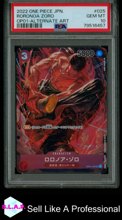 RORONOA ZORO ALTERNATE ART ONE PIECE JAPANESE OP01-ROMANCE DAWN 2022 025 PSA 10 - Image 1