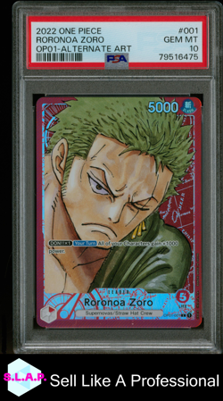 RORONOA ZORO ALTERNATE ART ONE PIECE OP01-ROMANCE DAWN 2022 001 PSA 10 - Image 1