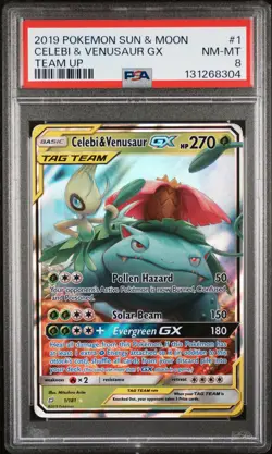 2019 POKEMON SUN & MOON TEAM UP #1 CELEBI & VENUSAUR GX PSA 8 - Image 1