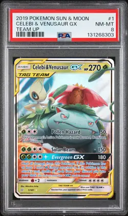 2019 POKEMON SUN & MOON TEAM UP #1 CELEBI & VENUSAUR GX PSA 8 - Image 1