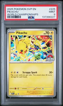 2025 POKEMON SVP EN-SV BLACK STAR PROMO WORLD CHAMPIONSHIPS #225 PIKACHU PSA 9 - Image 1
