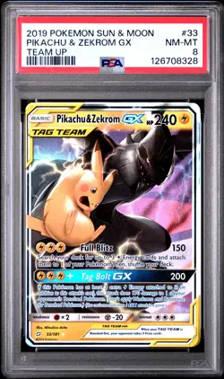 2019 POKEMON SUN & MOON TEAM UP #33 PIKACHU & ZEKROM GX PSA 8 - Image 1