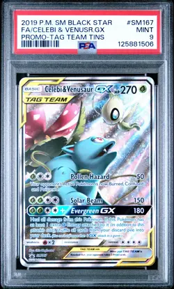 2019 POKEMON SM BLACK STAR PROMO #SM167 FULL ART/CELEBI & VENUSAUR GX PSA 9 - Image 1