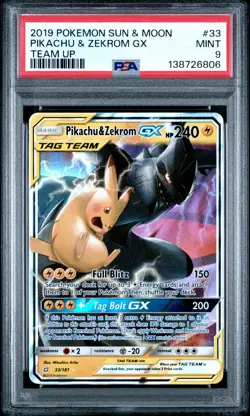 2019 POKEMON SUN & MOON TEAM UP #33 PIKACHU & ZEKROM GX PSA 9 - Image 1