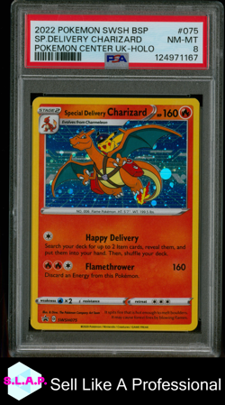 SP.DELIVERY CHARIZARD POKEMON CENTER UK-HOLO SWSH BLCK STR PRM 2022 075 PSA 8 - Image 1