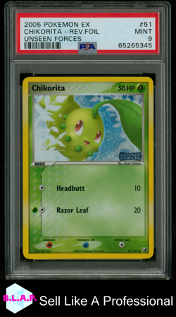 CHIKORITA-REV.FOIL UNSEEN FORC3S POKEMON EX UNSEEN FORC3S 2005 51 PSA 9 - Image 1