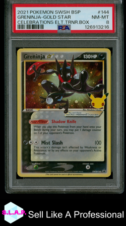 GRENINJA-GOLD STAR CELEB. ELT.TRNR.BOX POKEMON SWSH BLCK STR PRM 2021 144 PSA 8 - Image 1
